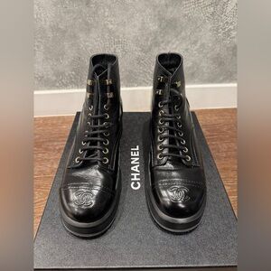 Chanel Short Lace Up Combat Boots Black Size 38.5